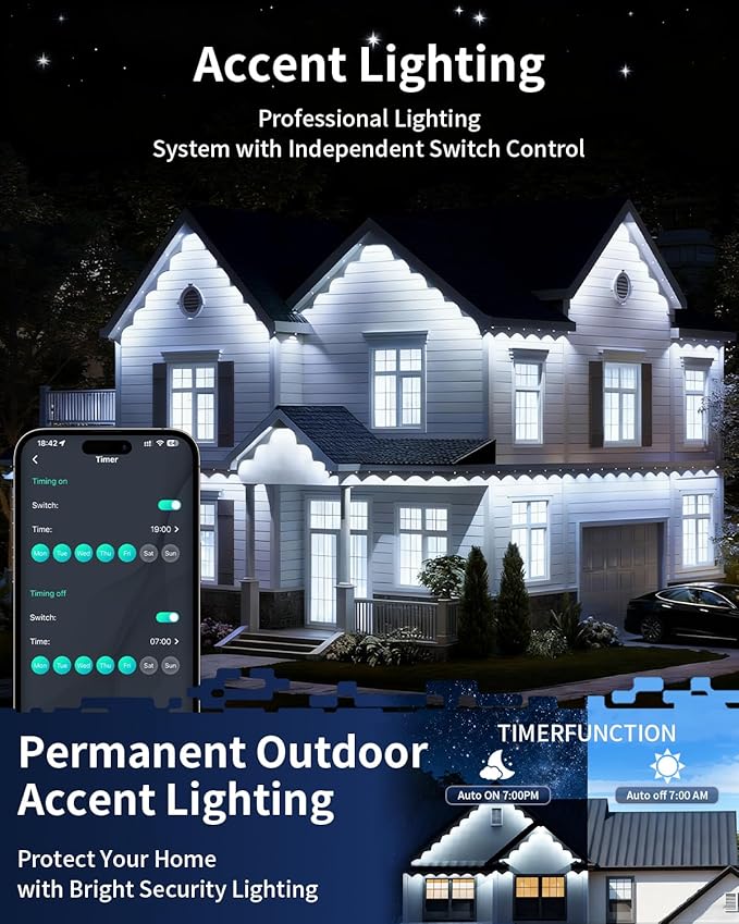 Permanent Outdoor Lights for House,100FT RGB IC Smart Permanent Eave Lighting with App/Remote Control,IP67 Waterproof,Music Sync,DIY Color Scenes,Year-Round Eaves Lighting for House Roof Decor