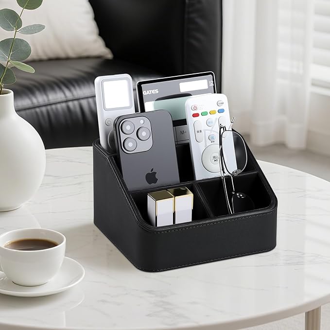 Remote Control Holder, PU Leather Small Desk Organizer with 4 Compartments, Nightstand Organizer Desk Caddy for Remote, Notepad, Phone, Glasses, and Accessories (Black)