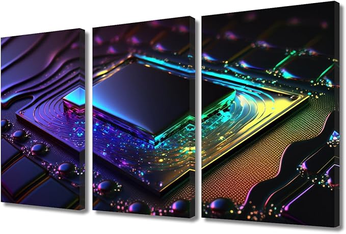 3 Panel AI Canvas Wall Art Vibrant Colorful Computer Chip on Circuit Board Picture for Bedroom Living Room Modern Artwork Wooden Framed Gallery-Wrapped Ready to Hang, 36" Wx24 H