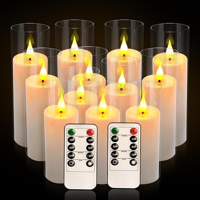 12-Pack White Acrylic Flameless LED Candle Set with Timer Remote Control—Ideal for Home Decor, Valentine's Day, Weddings, and Holiday Celebrations.