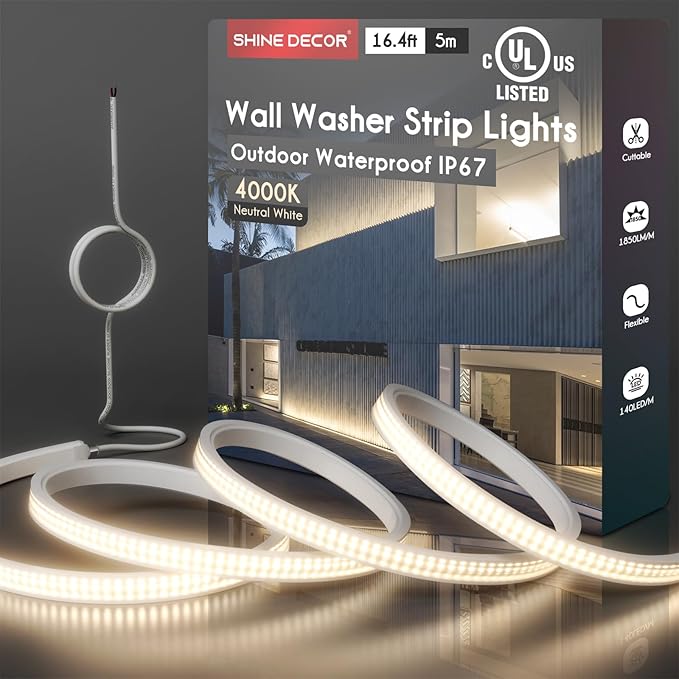 Shine Decor 24V LED Wall Washer Lights 16.4FT, UL Listed IP67 Waterproof 4000K Flexible Strip Light for Building Facade, Wedding, Church, Commercial Linear Grazer Lighting, Hardwired