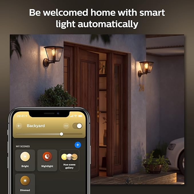 Philips Hue Inara Outdoor Smart Wall Light, Black - E26 White Filament LED Bulb - 4 Pack - Requires Hue Bridge - Control with Hue App and Voice - Weatherproof
