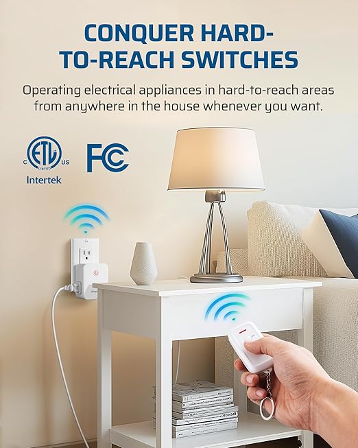 DEWENWILS Indoor Remote Control Outlet, Wireless Remote Light Switch with 2 Side Outlets, No Interference Remote Outlet Switch, No Wiring, 15A/1875W, 100ft RF Range, Compact Design, Programmable