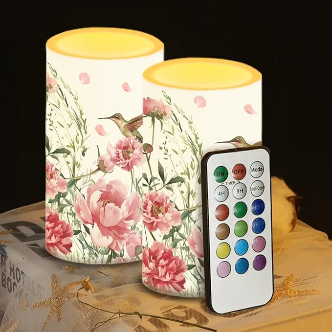 Bird Floral Flameless Candles 2 Pack 6 x 3 inch Battery Operated Candles with Multicolor Timer Remote Control LED Fake Candles for Warm Light Dinner Table Home Decor