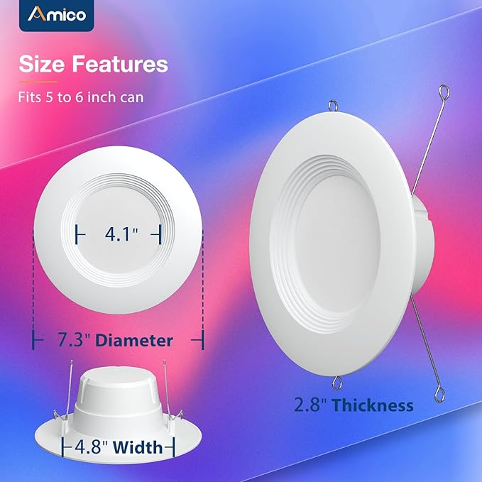 Amico 1 Pack 5/6 Inch Smart WiFi LED Recessed Can Lights, Color Changing Retrofit Recessed Lighting, Baffle Trim, APP Control, 12W=110W 1100LM, IC& ETL
