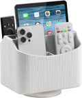 PU Leather Remote Control Holder, 360 Degree Rotating Desk Organizer Storage Table Remote Caddy, Spinning Bedside Organizer Nightstand Organizer for Desktop Office Home (White)