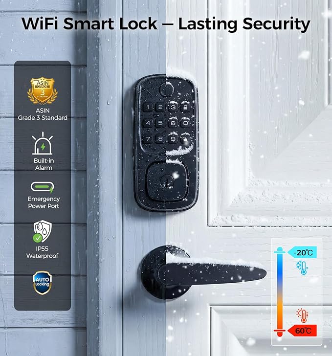 WiFi Smart Door Locks for Front Door Lock Set with 2 Lever, Keyless Entry Keypad Door Lock with Handle, Works with Alexa & Google Assistant, APP Remote Control, Voice & Fingerprint Unlock, AutoLocking