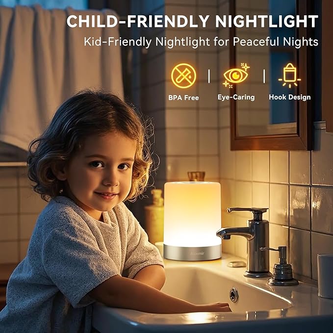 Night Light for Kids Baby, Dimmable Touch Lamp for Nursery, 11 RGB Colors 5 Brightness, Portable Rechargeable Bedside Table Lamp for Nightstand, Kids Night Light for Bedroom Living Room, Silver