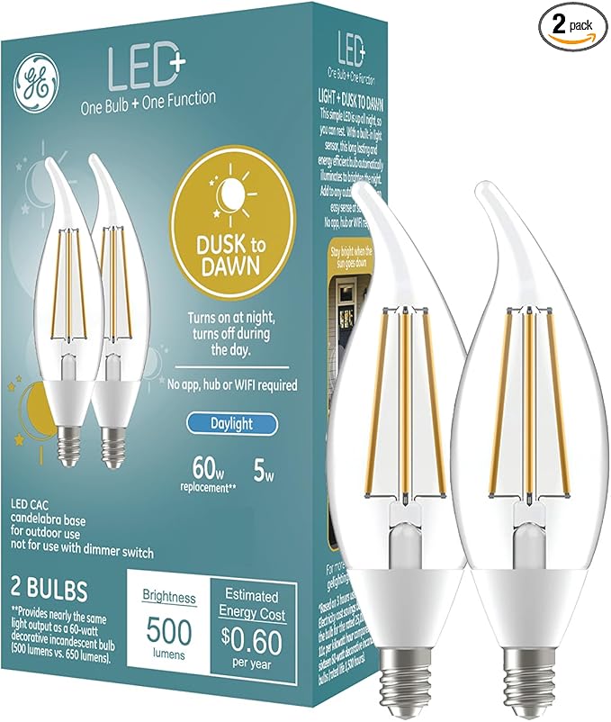 GE LED+ CA11 Dusk to Dawn LED Light Bulbs, Automatic On/Off Outdoor Security Lights, Daylight, E12 Candelabra Base (2 Pack)