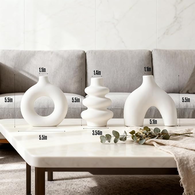 Ceramic 3 Pcs Vase Set,Modern Home Decor Table Centerpiece,Minimalist Nordic Vases, Wedding, Living Room, Bookshelf, Office, Modern Home, Entryway Boho Decor (White)