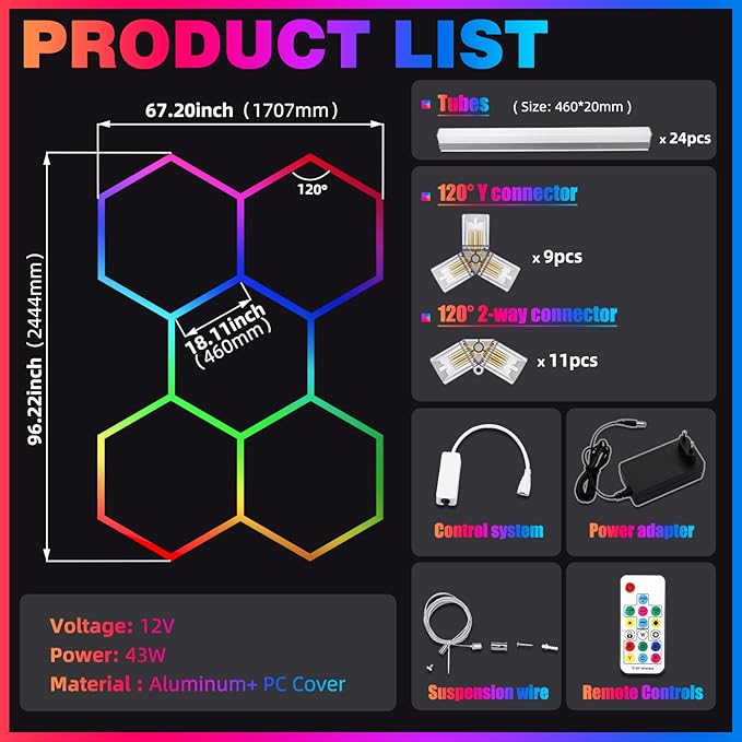 24 Pack Remote Hexagon Lights,RGB Garage LED Panel Light,358 Modes,IP54,LED Ceiling Lights for Party,Gaming
