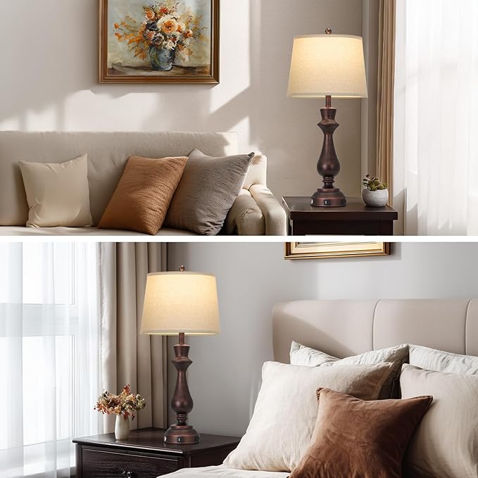 Touch Lamps for Night Stands Set of 2-29.5" Tall Bedside Lamp with USB C+A, 3 Way Dimmable Bedroom Lamps, Vintage Brown Table Lamps for Living Room