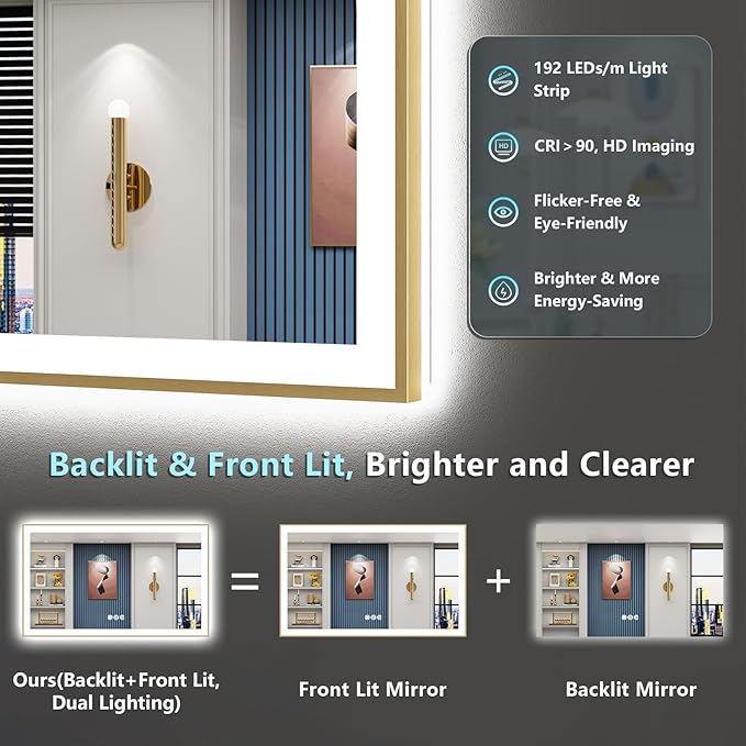 66x36 Gold LED Bathroom Mirror with Lights, Brushed Gold Framed Backlit and Front Lit Anti-Fog Lighted Vanity Mirrors for Bathroom Wall, Dimmable, 3 Colors, Memory, HD Tempered Glass, CRI＞90