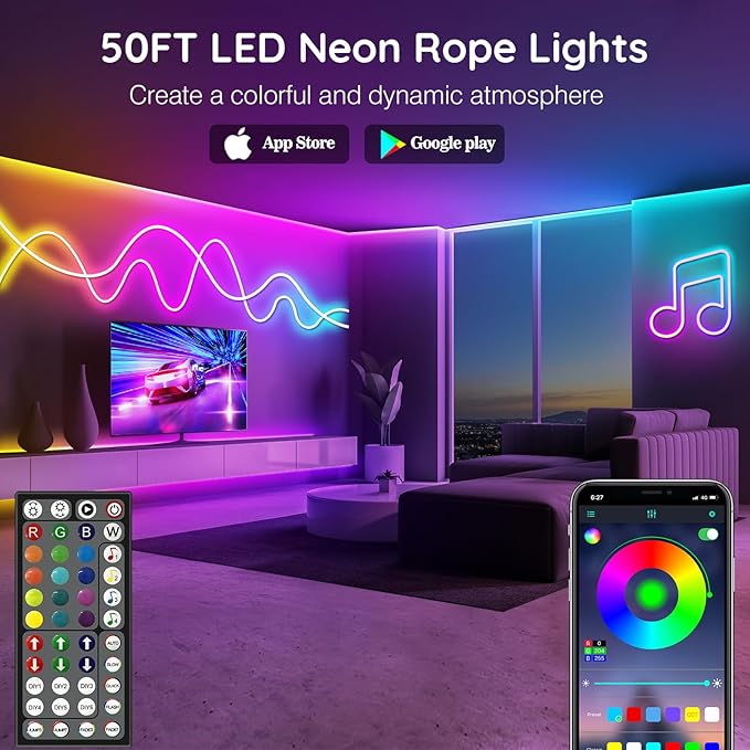 LETIANPAI 50Ft Neon Rope Lights,Flexible Led Rope Lights Control with App/Remote,Multiple Modes Music Sync Gaming RGB Led Neon Lights for Bedroom Outdoor