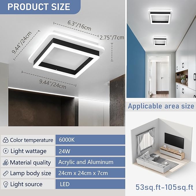 CANEOE 3 Packs Square Flush Mount Ceiling Light, 6000K Black Modern LED Ceiling Light Fixture, Minimalist Hallway Lighting Fixture Ceiling Lamp for Hallway Entryway Bedroom Balcony (Black)