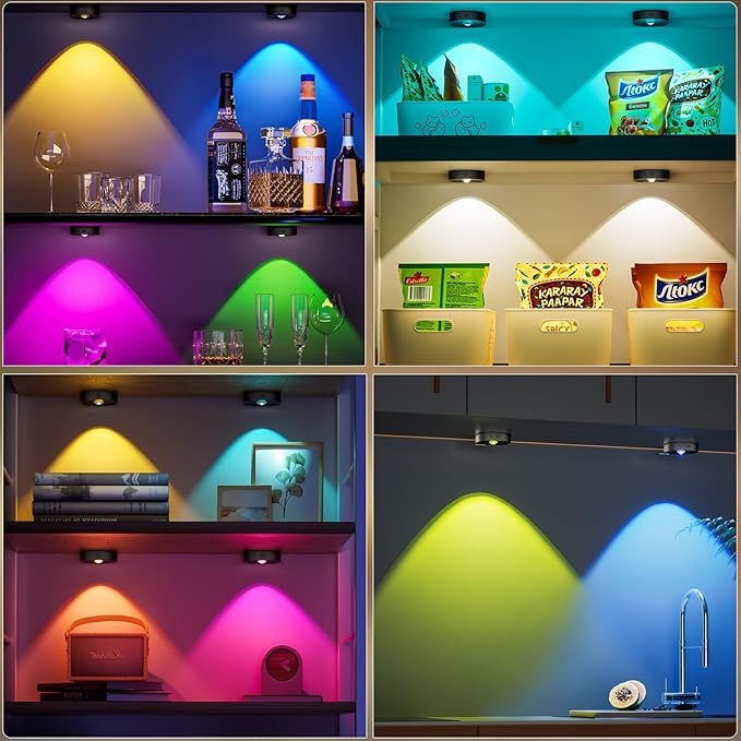 Puck Lights with Remote, Rechargeable Touch Push Lights, 13 RGB Colors Led Under Cabinet Lighting, 1500mAh Wireless Tap Light, Stick on Closet Light for Kitchen, Pantry, Shelves (Black 6 Pack)