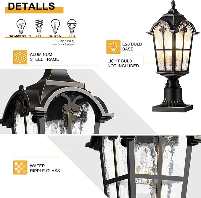 Dusk to Dawn Outdoor Post Lights,Black Waterproof Lamp Post Light Fixture, Aluminum Lamp Posts Outdoor Lighting Pole Lantern for Outside Yard Patio Pathway Garden Deck, Hard Wired