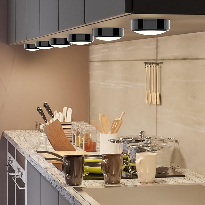 HELPLEX LED Puck Lights with Remote, 6 Pack Color Changing RGBW, Battery Powered, Dimmable Under Cabinet Lighting with Timer & Memory, Wireless Stick-On Lights, Black