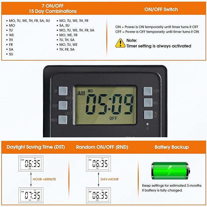 SURAIELEC Outdoor Power Stake, 7-Day Programmable Digital Timer, Power Strip Weatherproof, 6 Multi Plug Electrical Outlet Waterproof, 6 ft Extension Cord for Outside Light, Halloween Decoration