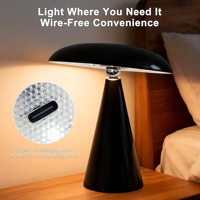 Mushroom Lamp Mid Century Modern Table Lamp, LED Cordless Rechargeable Bedside Light, Dimmable Touch 3-Color Temp, Retro Small Lamp for Bedroom, Living Room，Aesthetic Decor(Black)