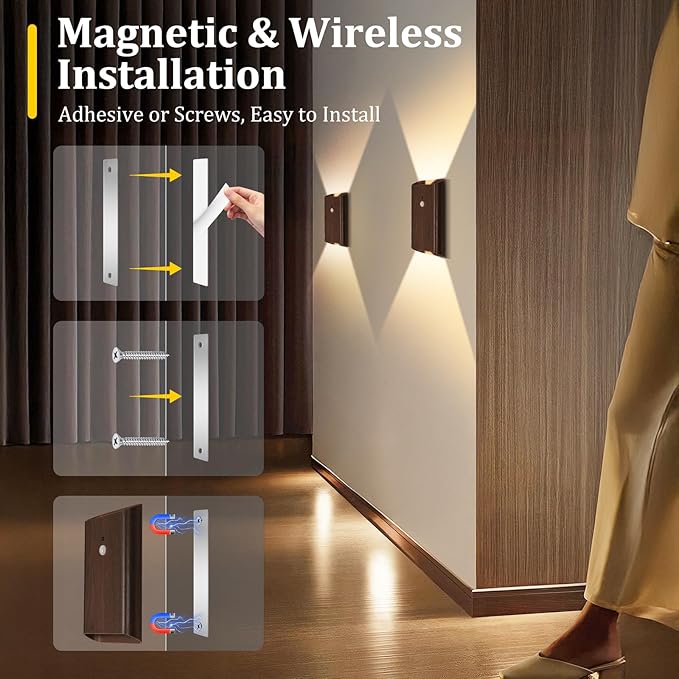 4 Pack Battery Powered Motion Sensor Wall Sconces: 5000mAh Rechargeable LED Wall Light with Remote, Magnetic Motion Sensored Stair Light Indoor Wireless Sconce for Hallway Bedroom Bedside, Walnut