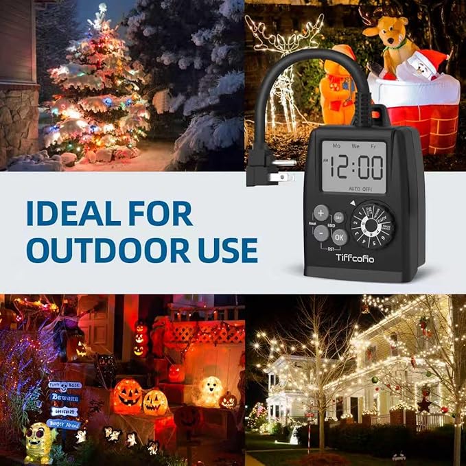 TiFFCOFiO Digital Outdoor Timer Outlet, Dial Programmable Method, Outdoor Light Timer Waterproof, 2 Grounded Electrical Outlets for Pool Pump, 6 Sets of Programs, 15A/1875W (1 Pack)