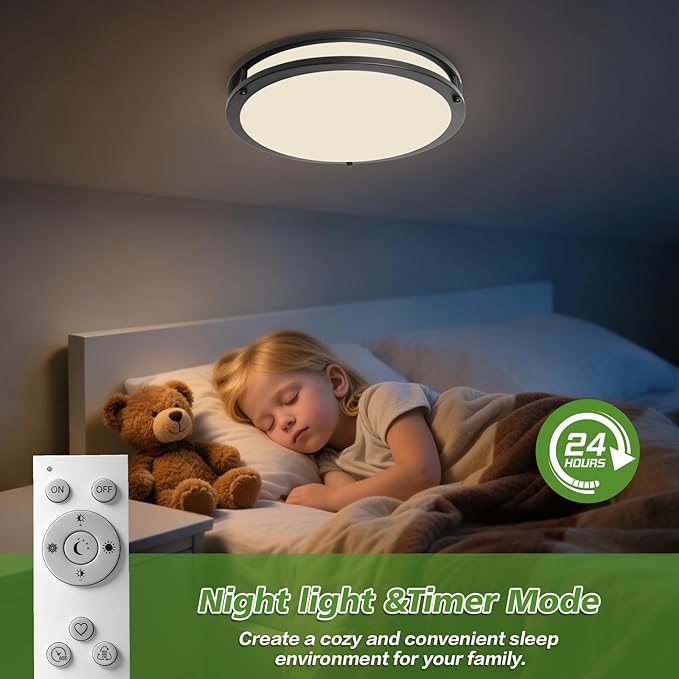 13Inch Flush Mount LED Ceiling Light Fixture with Remote: 36W 3600lm Dimmable Modern LED Ceiling Lights, 2700K/3000K/4000K/5000K/6500K Adjustable Black Kitchen Lighting for Bathroom Hallway, 1-Pack