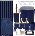 XLHOMO Bathroom Set with Shower Curtain and Rugs- 25PC Blue Bathroom Accessory Set, Navy Blue Shower Curtain Set, Toilet Brush, Trash Can, Qtip Holder & Soap Dispenser