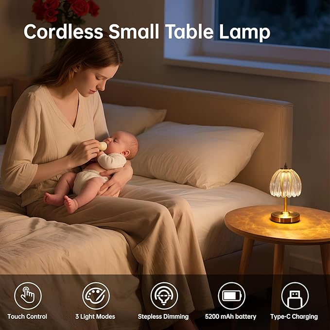 Tulip Small Table Lamp, 5200mAh Cordless Touch Control Mini Table Lamp with 3 Color Temps & Stepless Dimming, Perfect for Small Spaces like Dressers, Bedsides, Bookshelves (Transparent Tulip)