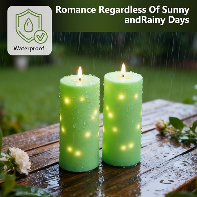 10" x 4" Large Outdoor Waterproof Flickering Flameless Candles with Timer,2Pcs Battery Operated LED Pillar Candles with Embedded Star String for Outdoor Lanterns,Porch,Patio Decor(Green)