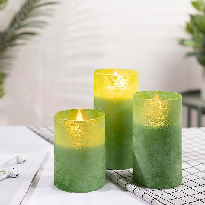 Mingfuxin Green Flameless Candles with Remote, Real Wax Battery Operated Candles with Timer, Set of 3 Electric LED Pillar Fake for Party Halloween Christmas Home Living Room Decor
