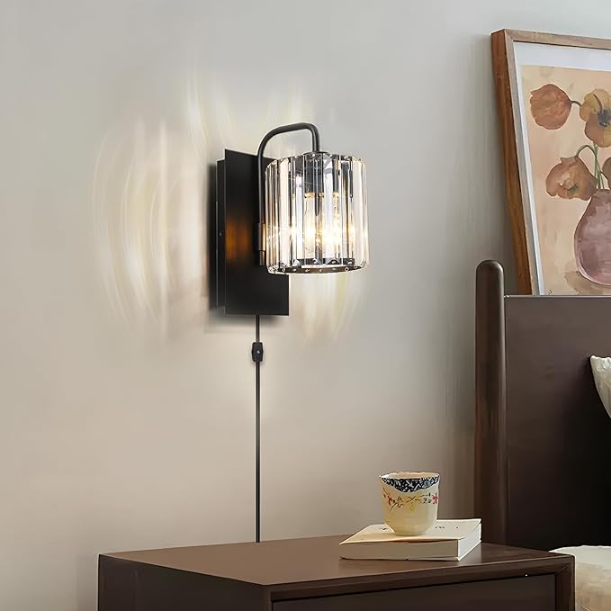 Plug in Sconces, Square Crystal Sconce Black Plug in Wall Sconce with On Off Dimmer Cord, Glass Wall Light Fixtures for Living Room Bedroom Hallway Staircase Bedside