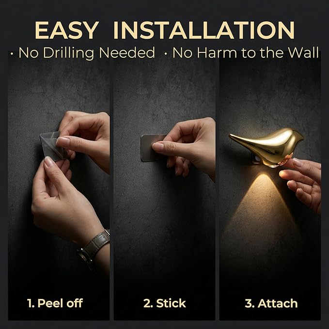 Golden Motion Sensor Night Light Indoor, Magnetic Wall Lamp, Rechargeable LED Bird Lamp, Wireless Stick On Light with Warm Soft Glow, Auto On/Off for Bedroom, Hallway, Stairs
