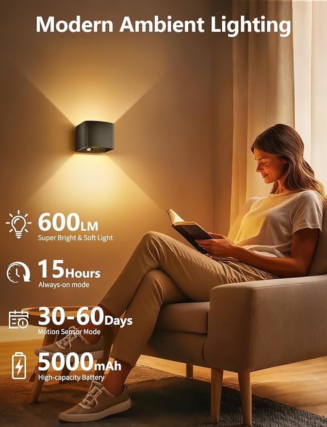 Motion Sensor Wall Light with Remote Control, 5000mAh Rechargeable Battery Powered Wall Lamps, Dimmable 2700-6500K, Adjustable Beam Angle, Black Up and Down Wireless Wall Sconce for Bedroom, 2-Pack