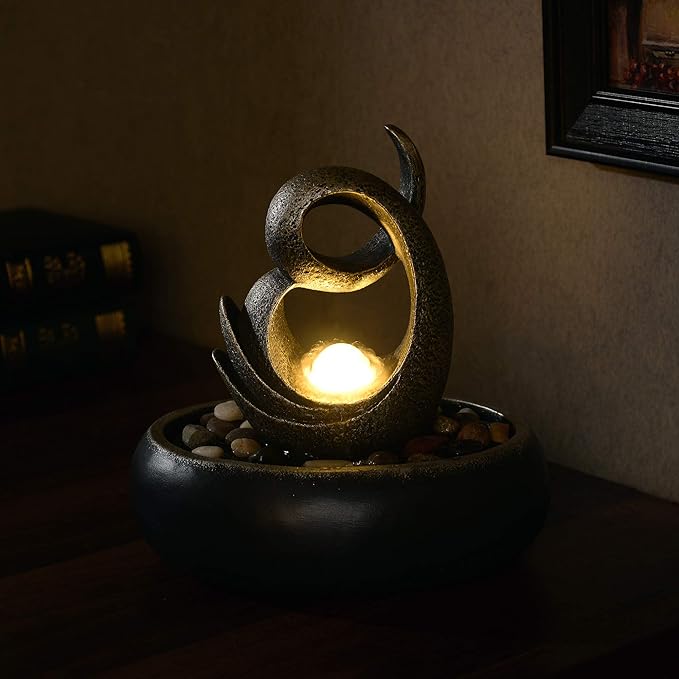 Teamson Home Tabletop Water Fountain Indoor Room Décor Sound Machine with Water Pump, Abstract Upright Sculpture with LED Light Faux Rocks, Indoor Zen for Home Office Living Room, Charcoal/Bronze