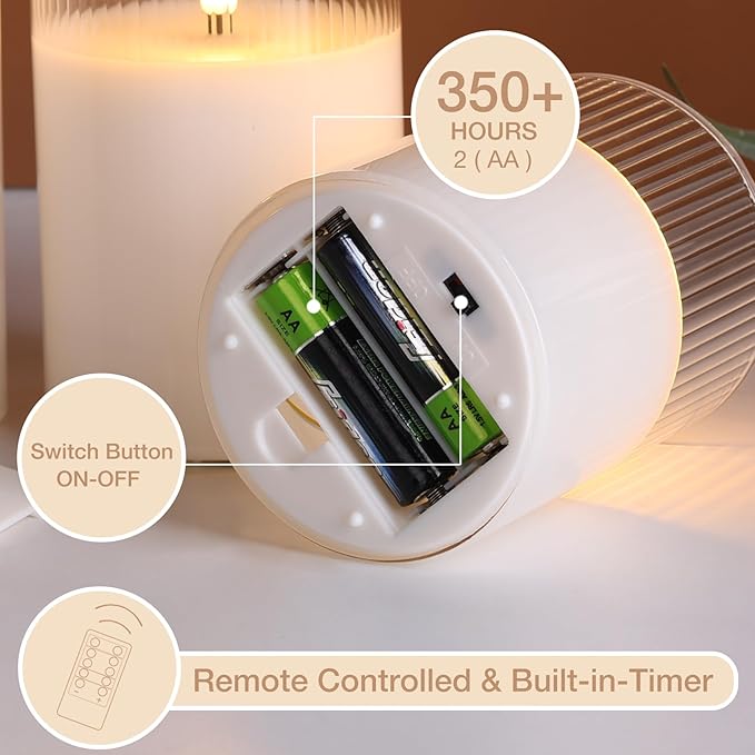 Eywamage Clear Ribbed Glass Flameless Candles with Remote, Flickering LED Pillar Candles Real Wax, Set of 3
