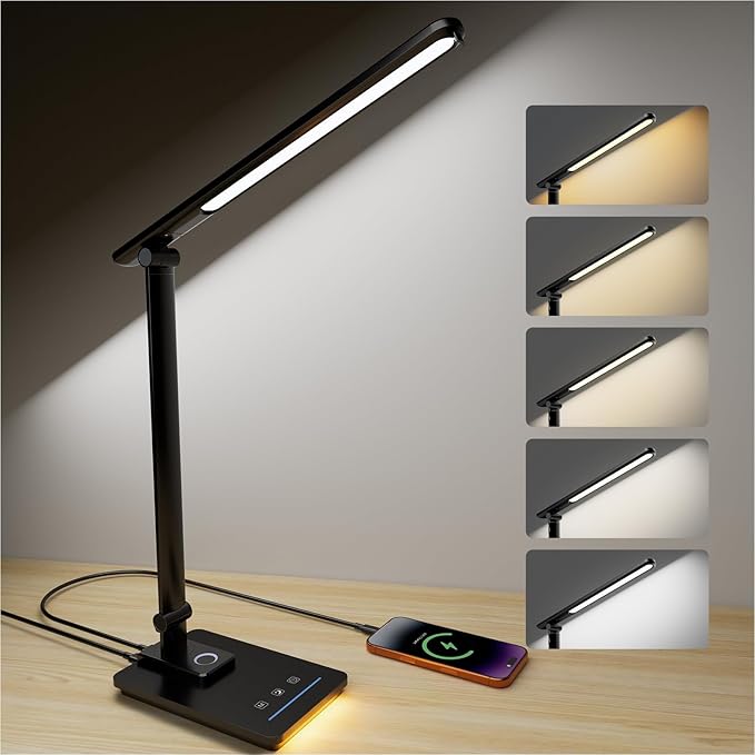 ELECTRI LED Desk Lamp, Touch Desk Light with USB Port, 5 Color & Stepless Dimming, 360° Rotatable ＆ Foldable, Reading Lamp for Table Study Work Office Nail Craft Puzzle(with Adapter) (Black)