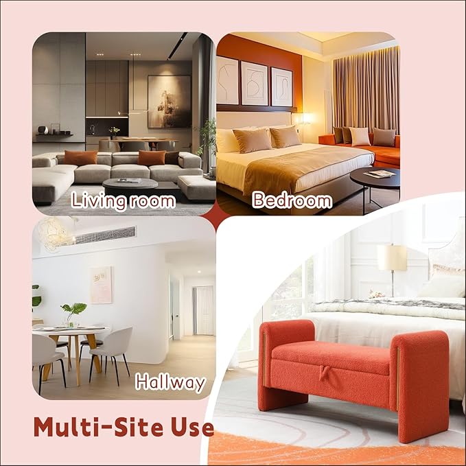 Modern 52" Storage Ottoman Bench, Upholstered End of Bed Storage Bench with Armrests, Entryway Bench, Teddy Foot Rest Stool for Living Room Hallway Bedroom (Orange)