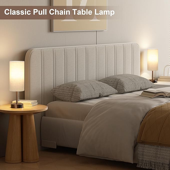 Brown Table Lamp for Bedroom Nightstand - Small Lamp with USB A + C Charging Port, 3 Color Temperatures Pull Chain Night Stand Light, Silver Base Desk Reading Lamp for Living Room