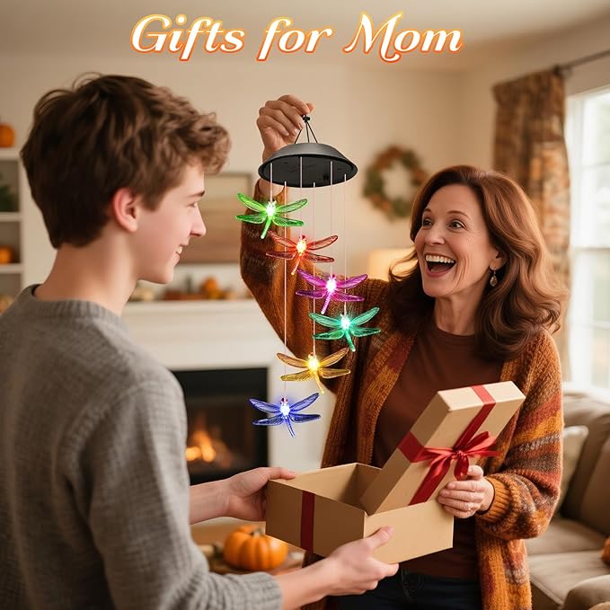 Birthday Gifts for Mom Grandma Wife, Winzwon Solar Lights Outdoor Wind Chimes for Outside Garden Yard Patio Porch Deck Hanging Decor Dragonfly Gifts for Women Her Easter Mothers Day
