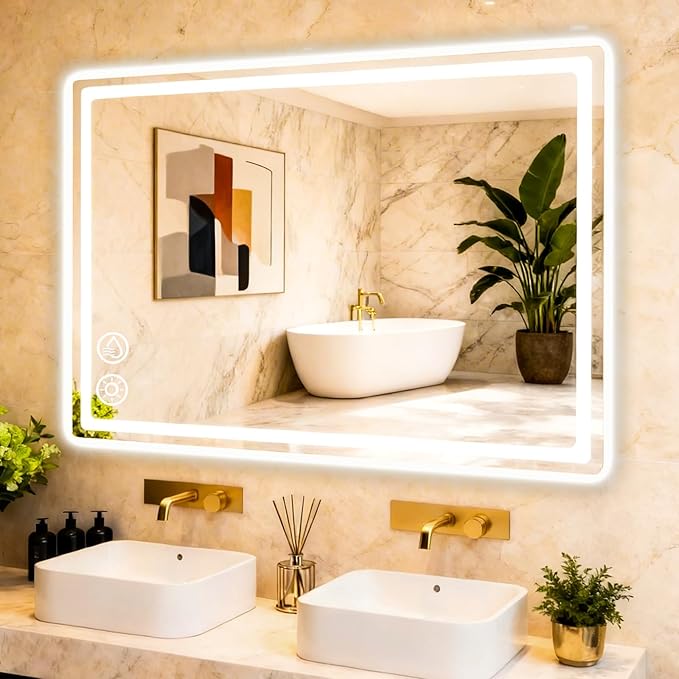 LTFUUAI 28"X36" LED Bathroom Mirror with Lights, Smart Touch 3-Color Dimming Lighted Vanity Mirror Wall Mounted, Anti-Fog Shatterproof with Front & Back Light, for Bathroom Vanity(Horizontal/Vertical)