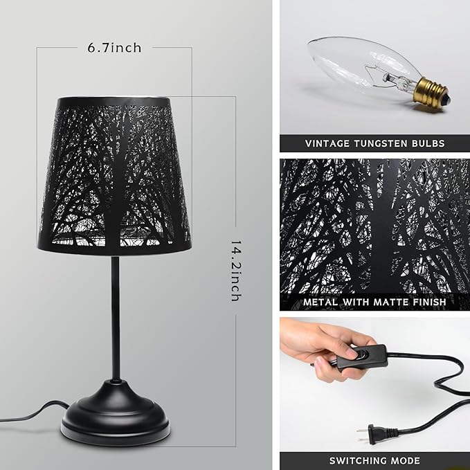 Black Metal Tree Shadow Table Lamp, Vintage Rustic Bedside Lamp, Small Bedside Night Light for Kids, Ambient Mood Lighting for Bedroom Living Room, Halloween Gothic Decorative Small Spaces Table Lamp
