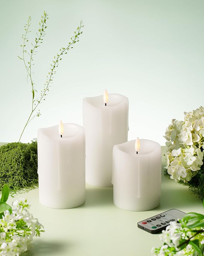 White Flameless Candles with Remote and Timer, Real Wax Made Wax Drip LED Pillar Candles Battery Operated with 3D Flickering Flame Melted Top - 3" x 4",5",6" - Set of 3