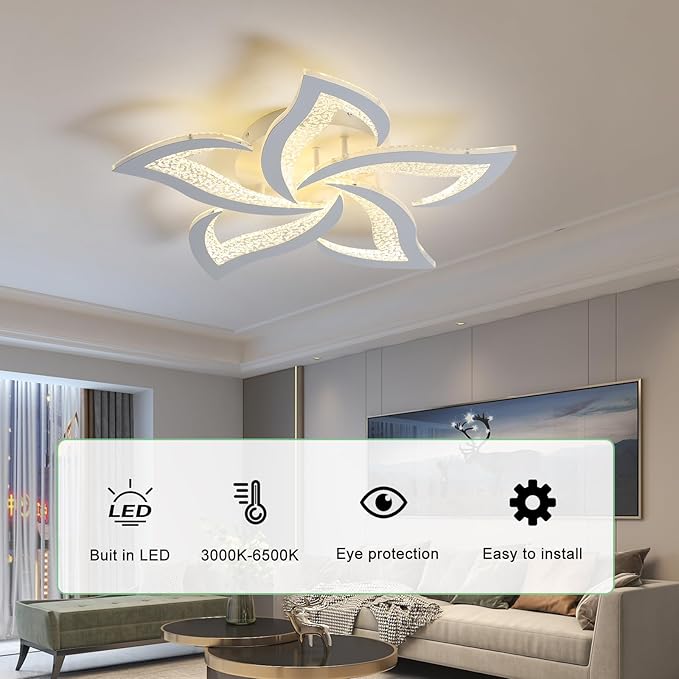 Garwarm Modern Ceiling Light,23.6” Dimmable LED Chandelier Flush Mount,Remote Control Acrylic Flower Celing Lamp Fixture for Living Room Dining Room Bedroom Hallway 45W White