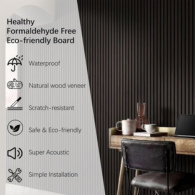 Wood Panels for Wall, Wood Slat Wall Panel - 2 Pack, Black Wood Slats for Wall, Natural Smoked Wood Veneer Accent Wall Panels, Acoustic Slat Wood Wall Panels - 12.6" W x 94.5" L