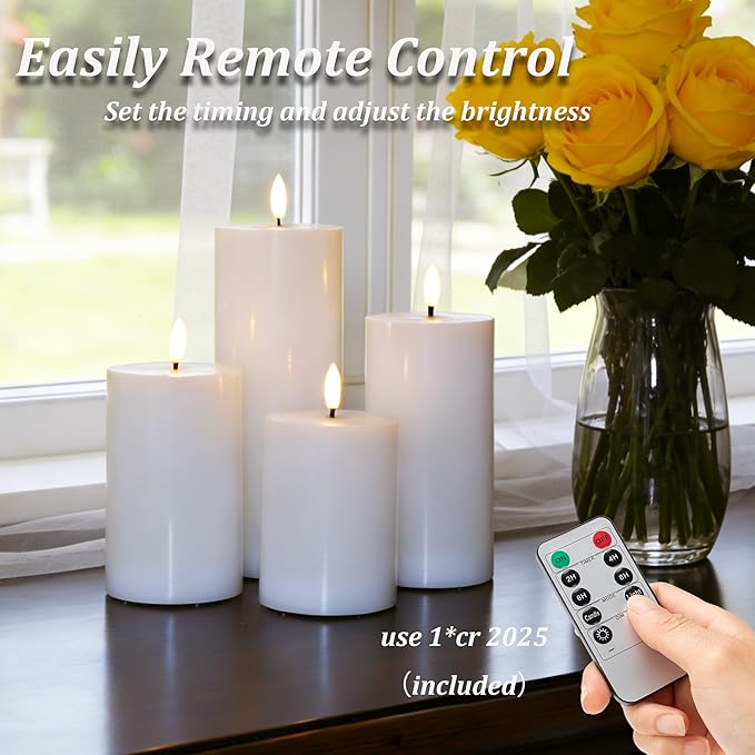 Battery Operated Candles with Remote, LED Flameless Real Wax Pillar Candles Set of 4, Timer Function, Safe Home Décor for Living Room, Bedroom, and Dining Table, White