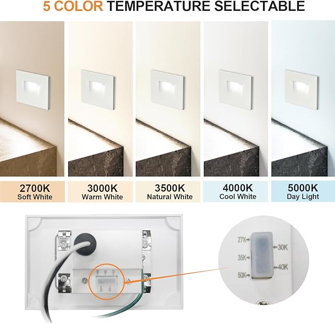 Horizontal Step Lights, 5CCT Selectable, IP65 Waterproof, 3W 100LM, 120V LED Stair Lights Indoor Outdoor, 10%-100% Dimmable, White, ETL Listed - 4PK