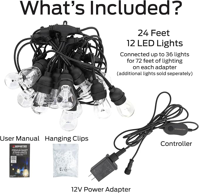 Monster 24 Foot Premium Outdoor Smart RGB+IC+WW String Lights, 12 Bulb Color Flow Dimmable LEDs, Sound Reactive, Water & Weather Resistant, Compatible with Alexa, Siri, Google Home, App