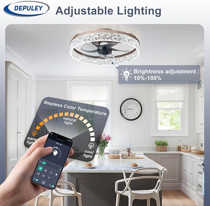 Depuley Ceiling Fans with Lights and Remote: 16" Modern Low Profile Flush Mount Ceiling Fan with App Remote Control - Brown Fandelier for Bedroom Living Room Kitchen Dimmable Quiet DC Motor