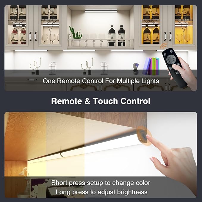 Under Cabinet Lighting Wireless with Remote,Rechargeable Battery Operated Closet Lights,3 Color Magnetic Dimmable led Strip Lights,Under Counter Lights for Kitchen,Shelf,Bedroom (Black, 40cm)